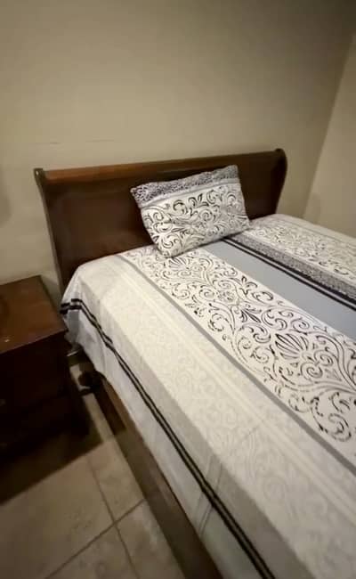 Solid Wooden Bed with Mattress and Side Table
