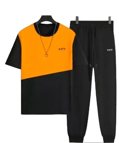 Men Track Suit Orange Black Polyester 2-Piece Set