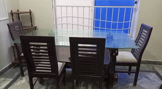 6-Chair Glass Top Wooden Dining Table Set – 10/10 Condition