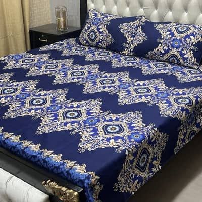 Luxury Crystal Cotton Blue Printed Double Bedsheet Set 3-Pcs