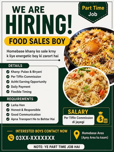 Sales boy needed for homebase food saling in gulberg