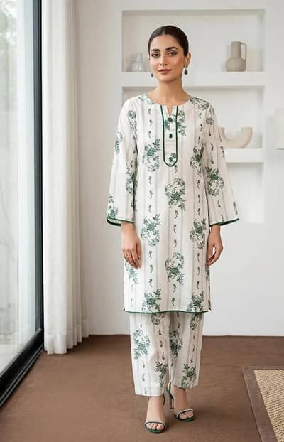 2 piece white printed Arabic lawn suits set