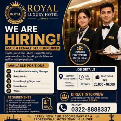 Hotel Jobs in Lahore | Male & Female Staff Required | Gulberg II Jobs