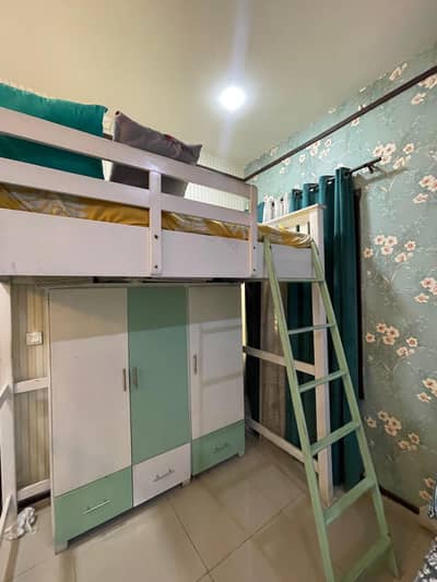 Kids Wooden Bunk Bed with Attached Wardrobe – Good Conditio
