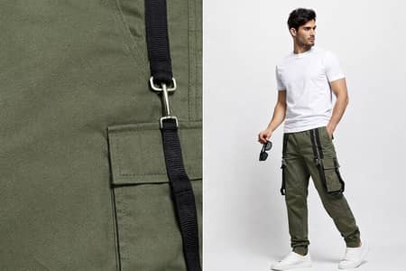 Trendy Olive Green Cargo Pants with Hanging Straps – Brand New
