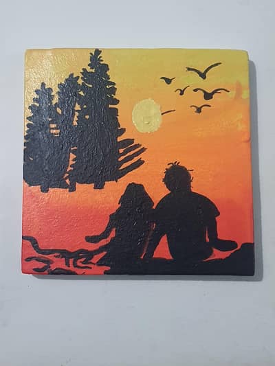 Professionally Painting Of Sunset And Couple Silhouette