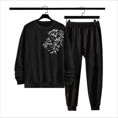 Men Black Lion Print Fleece Track Suit 2pcs