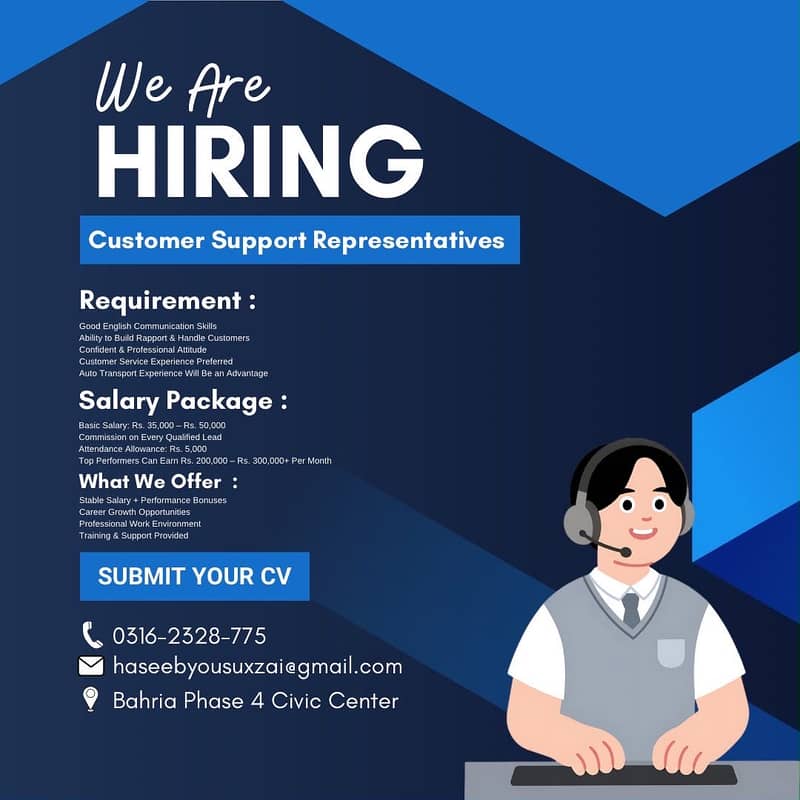 Customer Support Representative | Basic Salary 35K—50K + Commission 0