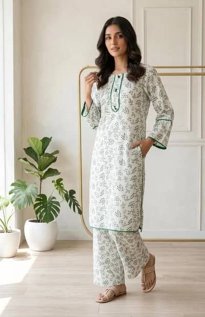 Pakistani printed lawn suit white green long sleeve