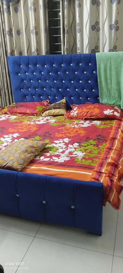 Luxury Blue Velvet King Size Bed – Excellent Condition