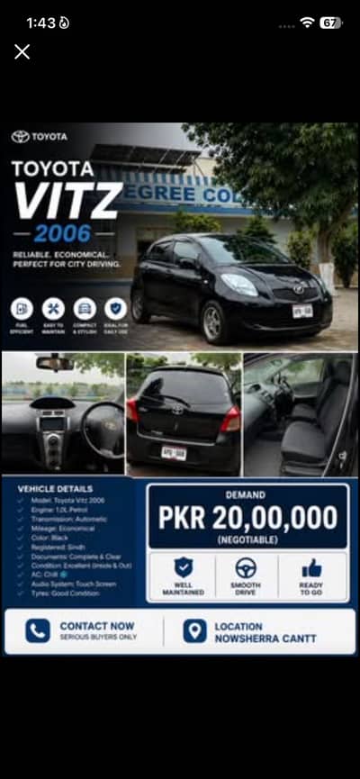 TOYOTA VITZ 2006 (URGENT SALE)