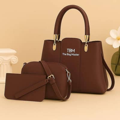 3 Pcs Premium Brown Ladies Handbag Set | Shoulder Bag, Crossbody Bag