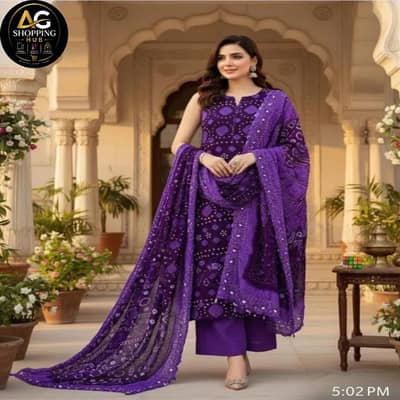 purple printed 3 piece Unstitched suit for women