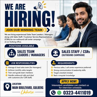 Sales Team Leaders / Managers & CSR Staff Jobs – Gulberg Lahore