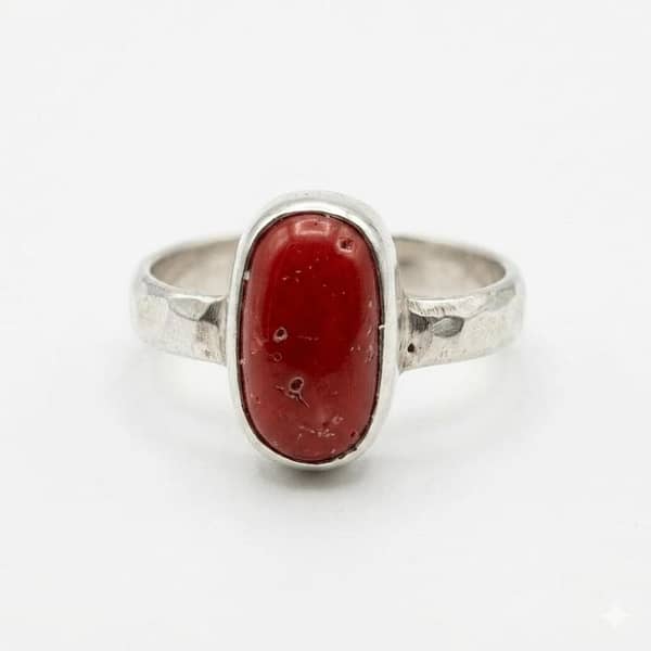 Natural Marjan Red Coral Silver Ring | Chandi Ki Anguthi | Oval Cabochon Islamic Gemstone Ring | Gemstone Hub