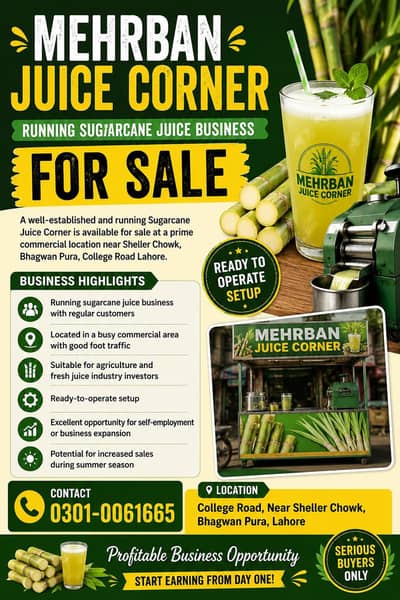 Running Sugarcane Juice Corner for Sale in Lahore