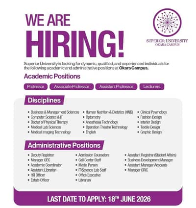  Job Opportunities at Superior University Okara Campus