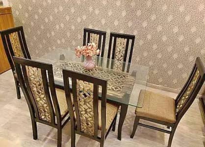 Six seater dining table-wooden dining table-dining table glass on top