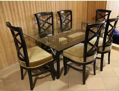 Six seater dining table-wooden dining table-dining table glass on top