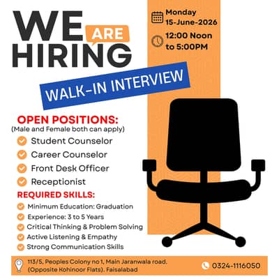 Student Counselor, Career Counselor, Front Desk Officer, Receptionist