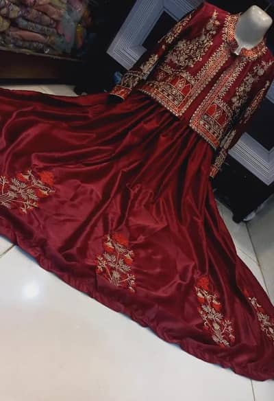 Maroon Embroidered Shamoz Silk Maxi Suit for Eid & Weddings(freeDelivr