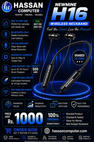 Original Newmine H16 Neckband - 20-30 Hours Battery Life | Limited
