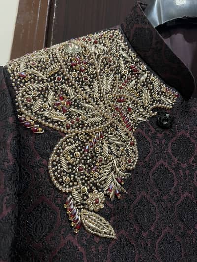 Mehroon + Black mix Groom sherwani