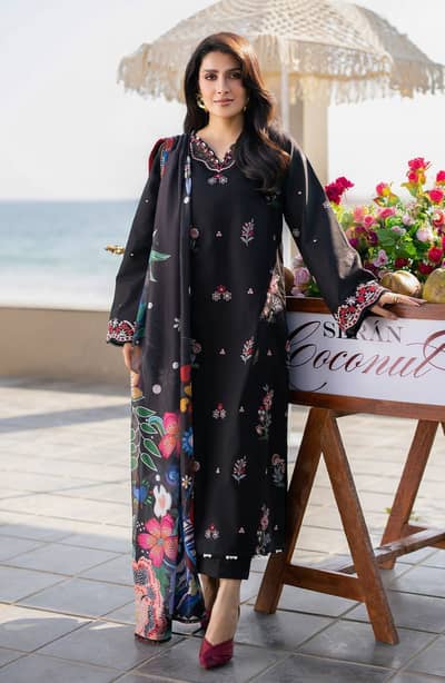 Elegant Black Embroidered 3-Piece Suit with Printed Dupatta