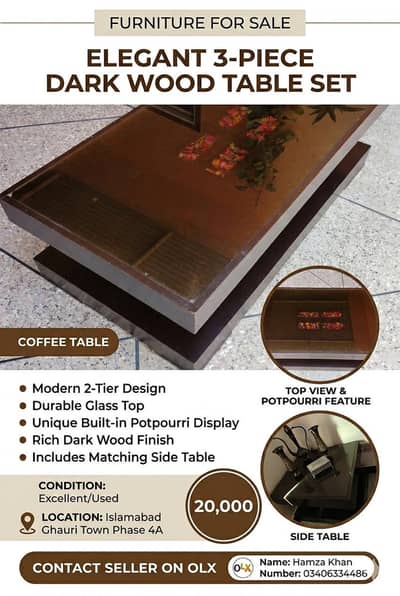 Elegant 3 Piece Dark Wood Table Set