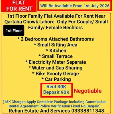 1st Floor Family Flat For Rent Near Qartaba Chowk Lahore