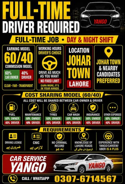 Yango Driver Required – 60/40 Commission Model | Flexible Hours