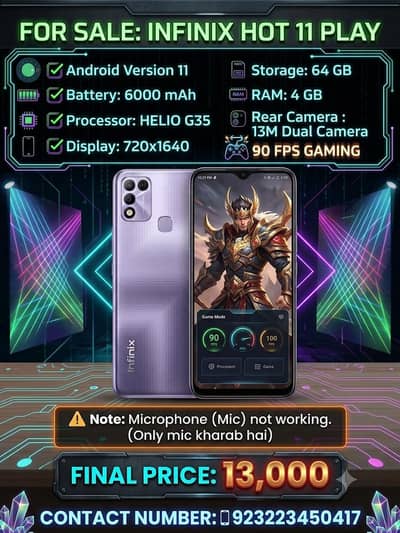 Infinix Hot 11 Play final 13000 contact 03223450417