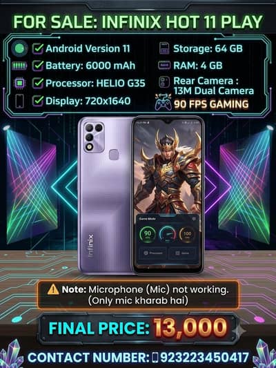 Infinix Hot 11 Play no per contract karle 03223450417