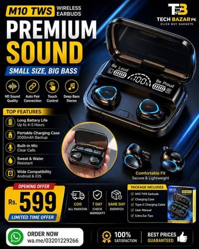 M10 TWS Earbuds V5.3 | Power Bank Case + LED Display | High BaSs