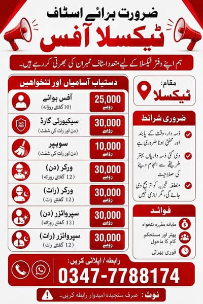Hiring Staff for Office in Taxila. worker. supervisior. Security Guard.