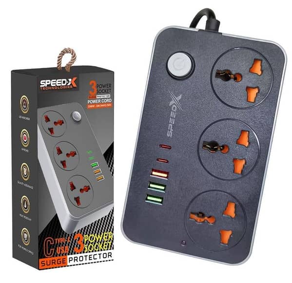 603PU Speed-X POWER UNIVERSAL TRAVEL EXTENSION BOARD 3SOCKET+3USB+2Type-C