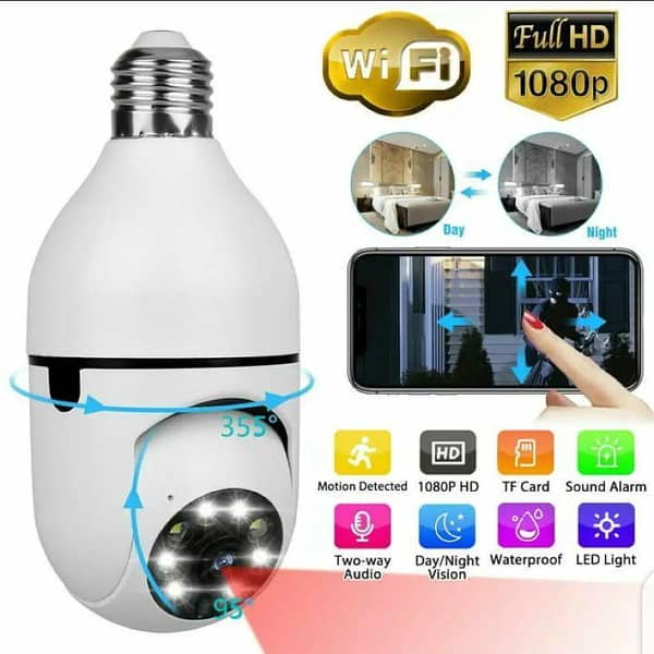 360° 1080P IP E27 Light Bulb Camera with Wi-Fi, IR Night Vision, 355° Pan / 90° Tilt