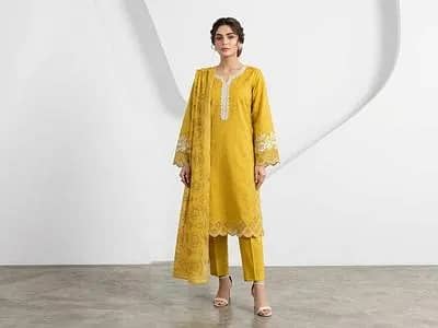 Mustard Embroidered 3Pcs Cotton Lawn Suit Set for Women