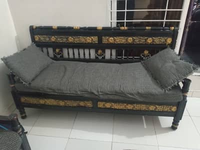 Chinioti Wooden Sofa set black polish gold carving for sale