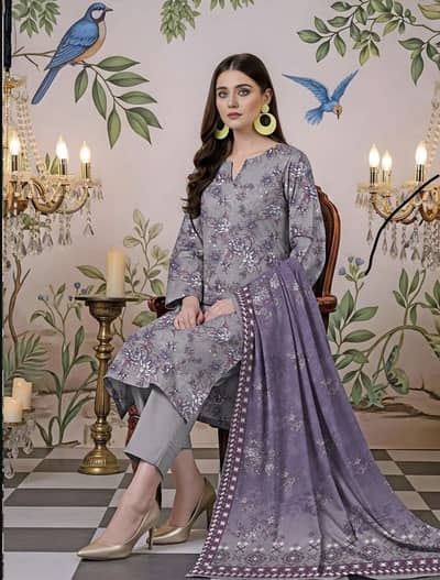 03000027032 Unstitched Printed Lawn Suit Grey Floral Dress summer wear