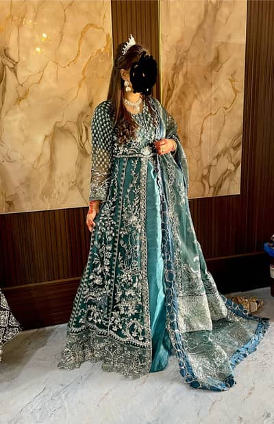 Akbar Aslam Inspired Deep Teal Front-Open Luxury Frock