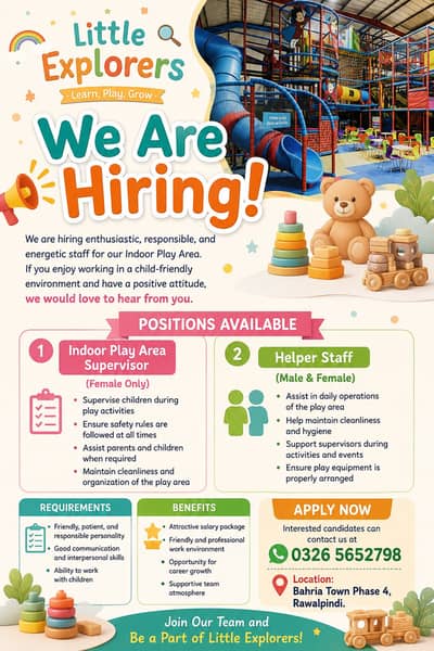 Indoor Play Area Supervisor | Female & Helper Staff | Jobs in Rawalpin