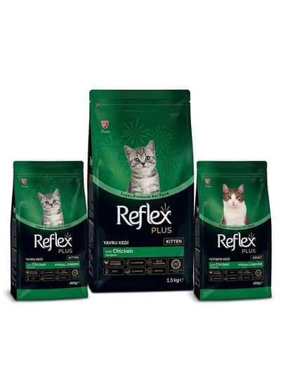 Reflex plus kitten and adult cat food 1.5 kg pack and 400g pack