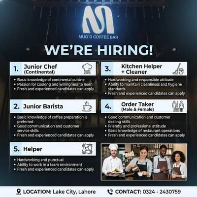 Junior Chef , Kitchen Helper , Barista , Order Taker , Helper Jobs