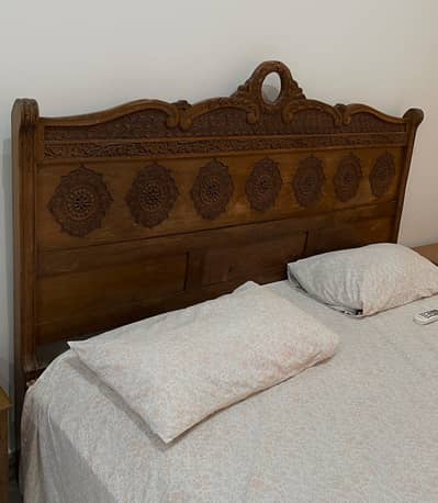 King Size Walnut Bed - 2 side tables and Mattress (Made in Kashmir)