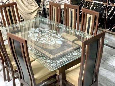 8 Seater Dining Table Set - Glass Top - Wooden Chairs - Gulberg FSD
