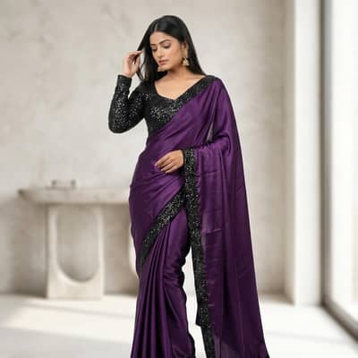 purple shamoz silk sequence border saree set. for women