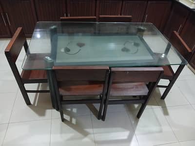Dining table (double-layer glass top) with 6 wooden chairs