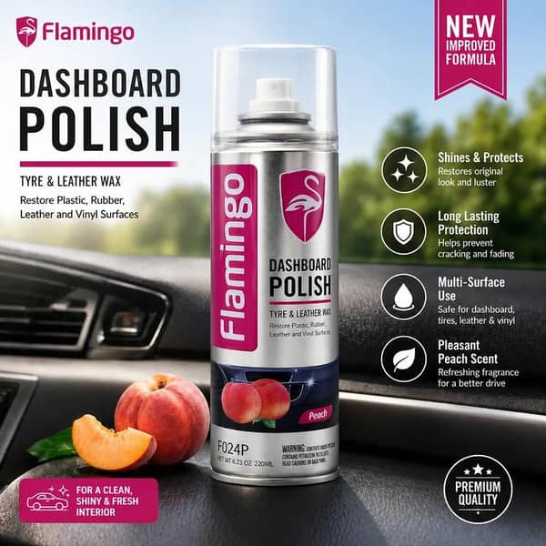 Flamingo Dashboard Polish Spray 220ml Peach  | Car Interior Cleaner & Shiner | Dashboard, Leather & Vinyl Protection