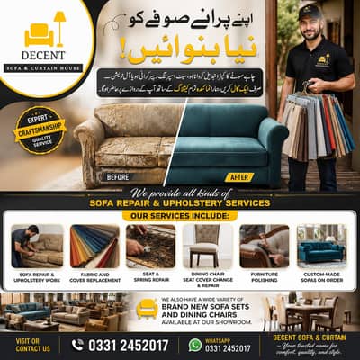 Sofa repair / Fabric change / Repairing seat repair / Furniture polish